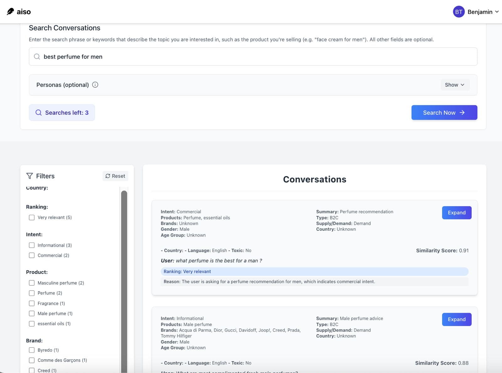 AISO Analytics Dashboard showing real ChatGPT search insights and customer behavior patterns